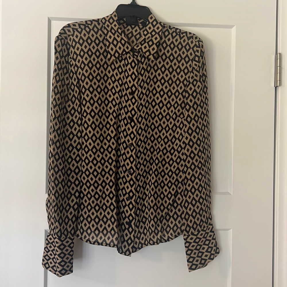 INC Diamond Print Silk Blouse.  Black/Tan. Sz 4